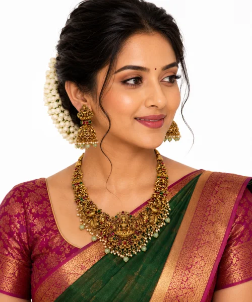 Traditional Gold Matt Plated Lakshmi Temple Jewellery Necklace Set with Jhumka Earrings