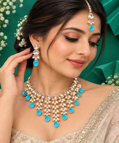 Shop light firozi and golden artificial jewellery set with necklace, earrings and maang tikka. Perfect for wedding, festive, party and ethnic wear.