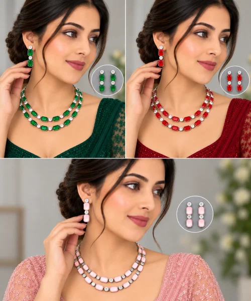 Style with this Elegant Double-Layer Stone & Bids Necklace Set