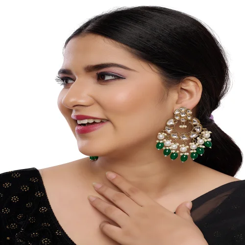 Gold Plated Bollywood Earrings with Pearls And Kundan
