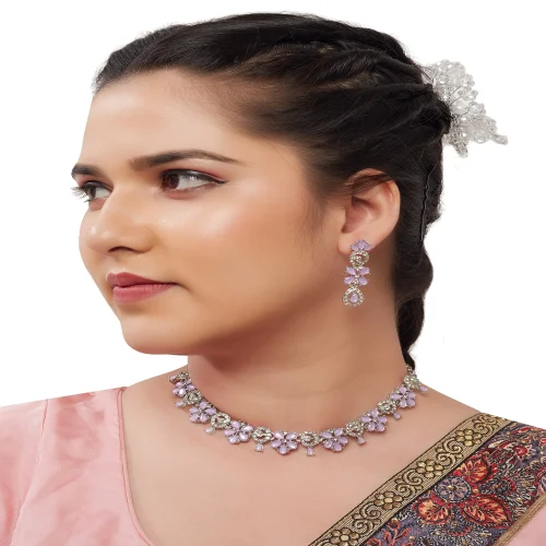 Rhodium Plated Necklace Set with Monalisha Kundan