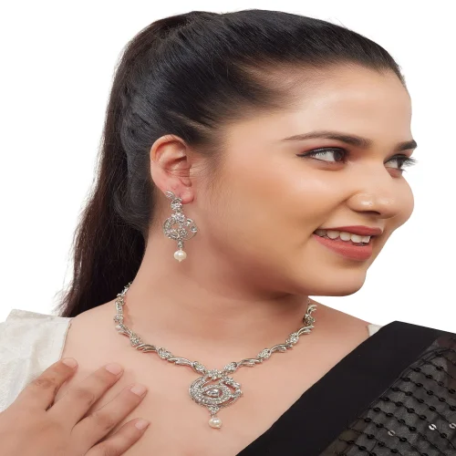 Rhodium Plated Necklace Set with White Diamond 