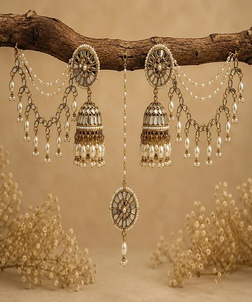 Traditional Kundan Pearl Jhumka Jewelry Set with Mirror Work – Handmade Ethnic Bridal Accessories