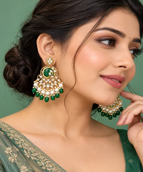 Gold Antic Earrings with Green Pearls & Bids