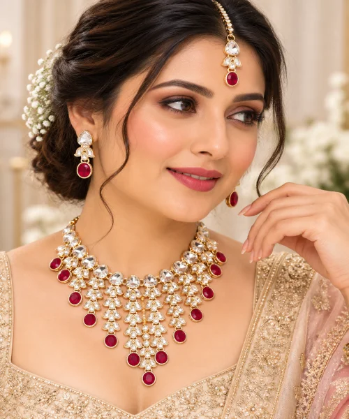 Red Kundan Necklace Set with Earrings & Maang Tikka | Bridal Jewellery