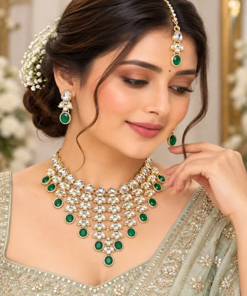 Traditional Kundan-inspired floral and leaf-pattern Necklace Set with Matching Earrings & Maang Tikka