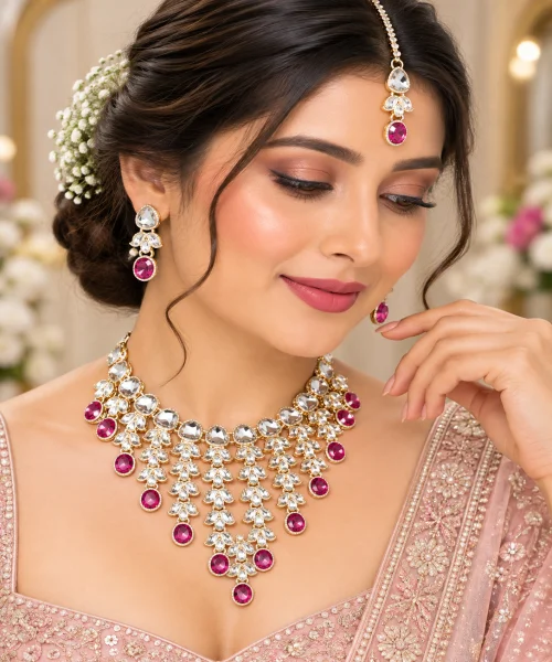Wine Kundan Necklace Set with Earrings & Maang Tikka | Bridal Jewellery