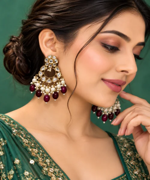 Gold Antic Bollywood Earrings with Pearls & uncut Kundan